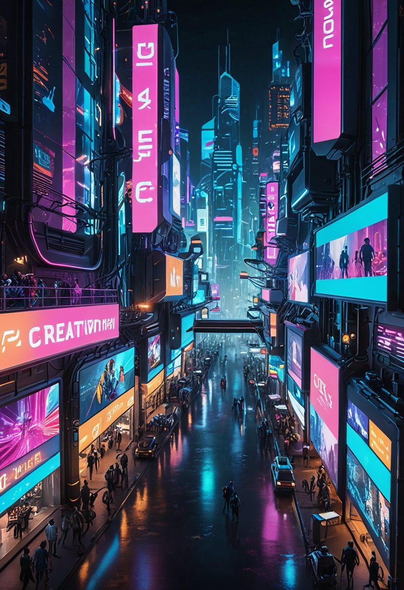 A futuristic cityscape interwoven with digital media elements, featuring holographic screens displaying diverse content creation tools. Robots and humans collaborate on advanced creative projects. The atmosphere is dynamic and innovative, with bright neon lights highlighting progress and technology. cyberpunk. vibrant colors. 3D.