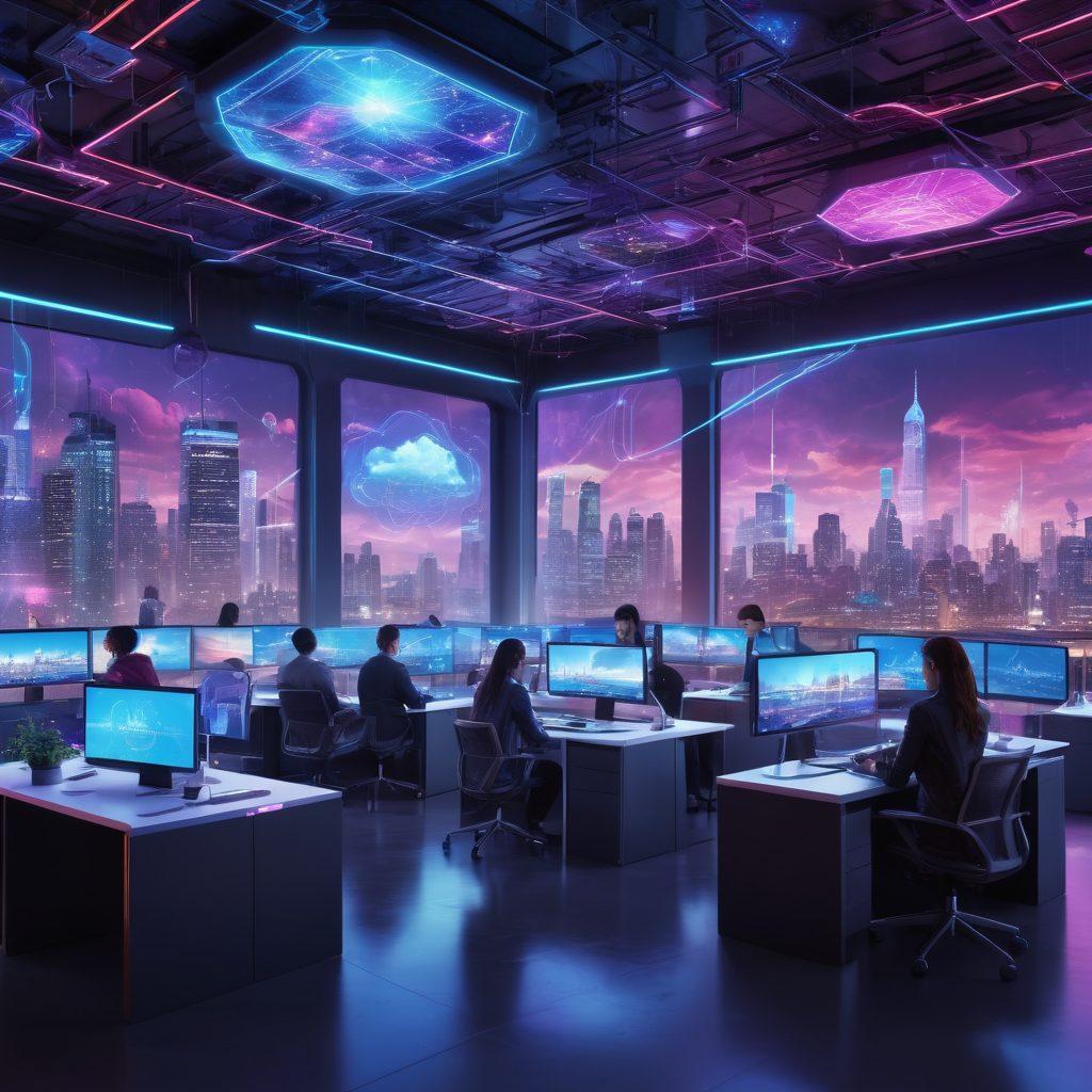A futuristic office space with diverse individuals using holographic screens and tablets, interconnected through bright neon webs depicting networking and collaboration around the globe. The background showcases city skylines and digital clouds. cyberpunk. vibrant colors. 3D.