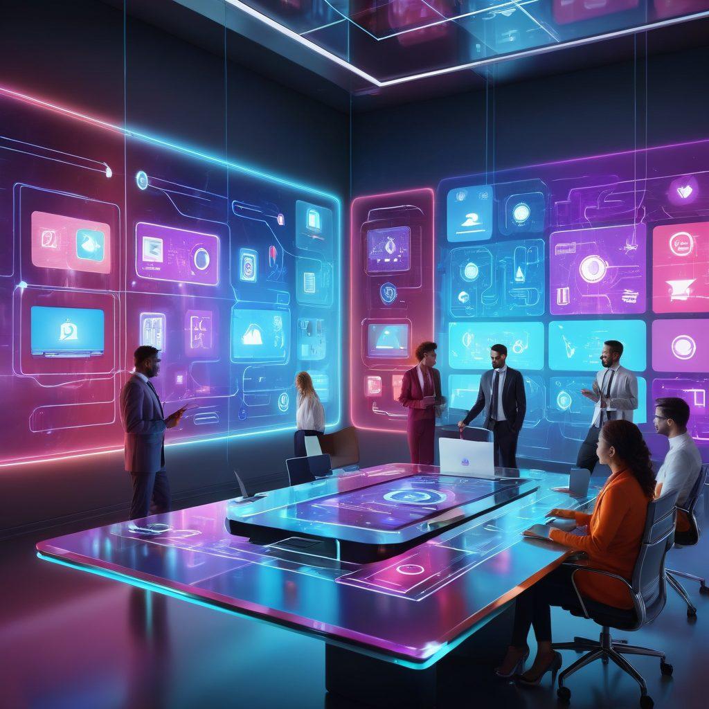 A sleek, futuristic digital interface with interconnected media icons, representing seamless integrations. People collaborating through digital devices, sharing ideas across screens in a virtual office. Modern design with holographic effects and vibrant colors, evoking technological advancement and innovation. 3D. super-realistic. vibrant colors.